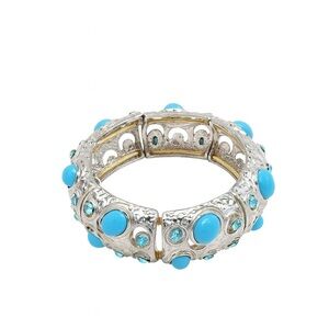Chunky Silver Metal Stretch Bracelet with Turquoise Stones and Crystals
